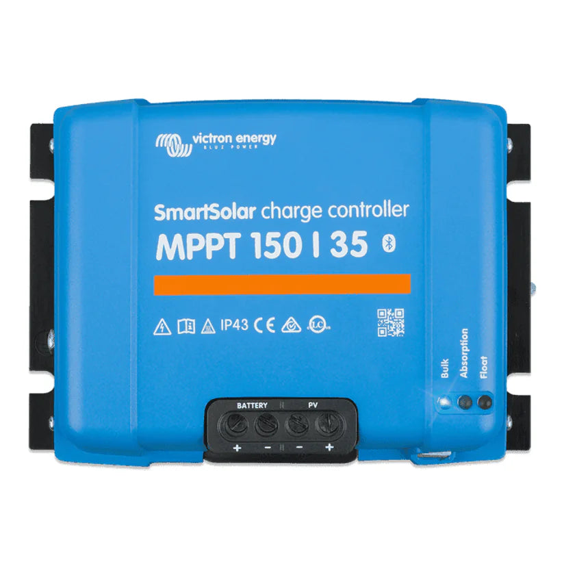 Front view of Victron SmartSolar MPPT 150/35 solar charge controller with LED indicators and terminal cover