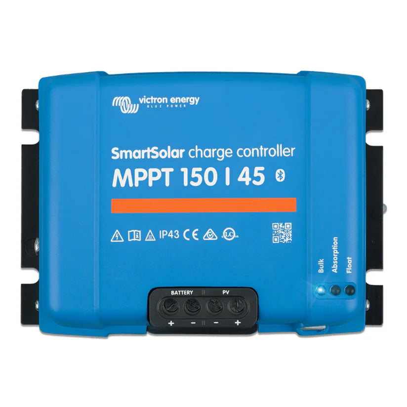 Front view of blue Victron SmartSolar MPPT 150/45 solar charge controller with status LEDs