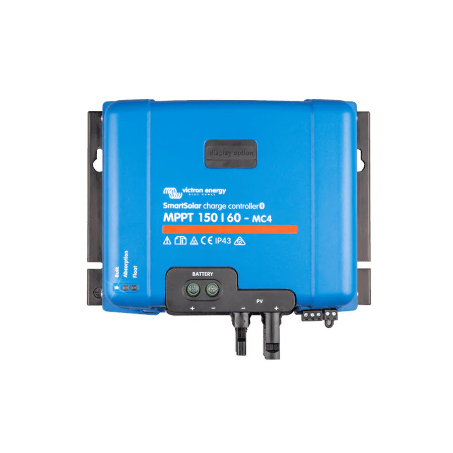 Front view of blue Victron SmartSolar MPPT 150/60-MC4 charge controller with terminal labels