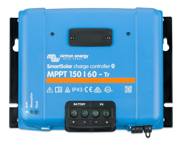 Front view of Victron SmartSolar MPPT 150/60-Tr charge controller with status LEDs and terminal cover