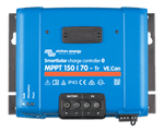 Blue Victron SmartSolar MPPT 150/70 solar charge controller showing terminals and status LEDs