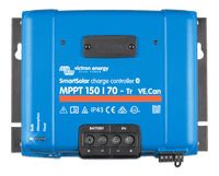 Blue Victron SmartSolar MPPT 150/70 solar charge controller showing terminals and status LEDs