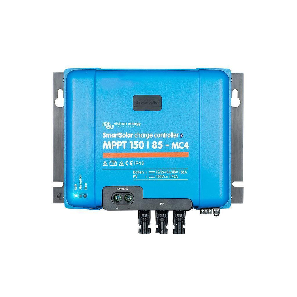 Front view of Victron SmartSolar MPPT 150/85 solar charge controller with MC4 connectors and blue casing