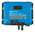 Front view of blue Victron SmartSolar MPPT 250/70-MC4 charge controller with connection ports