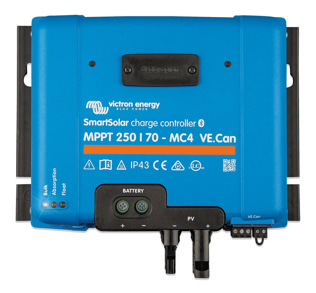 Front view of blue Victron SmartSolar MPPT 250/70-MC4 charge controller with connection ports