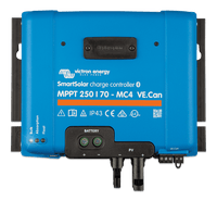 Front view of blue Victron SmartSolar MPPT 250/70-MC4 charge controller with connection ports