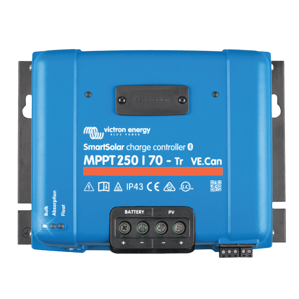 Front view of blue Victron SmartSolar MPPT 250/70-Tr charge controller with VE.Can and Bluetooth