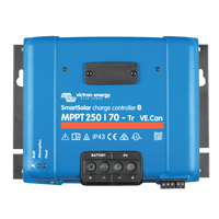 Front view of blue Victron SmartSolar MPPT 250/70-Tr charge controller with VE.Can and Bluetooth
