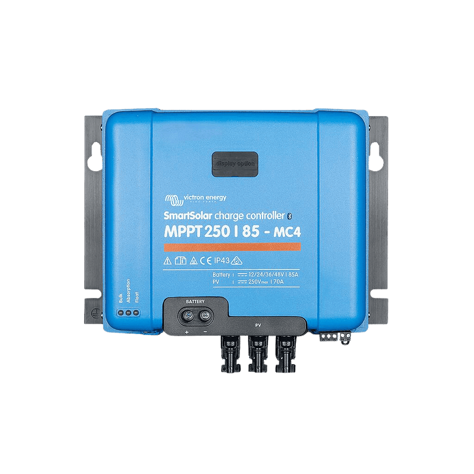 Front view of Victron SmartSolar MPPT 250/85-MC4 VE.Can solar charge controller showing interface and ports