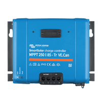 Front view of blue Victron SmartSolar MPPT 250/85-Tr charge controller with terminal connections
