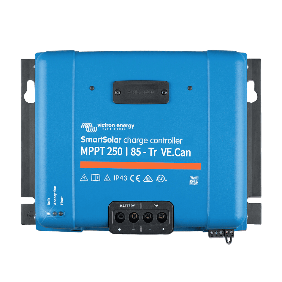 Front view of blue Victron SmartSolar MPPT 250/85-Tr charge controller with terminal connections