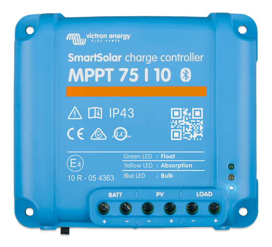 Front view of blue Victron SmartSolar MPPT 75/10 charge controller with labels and status indicators