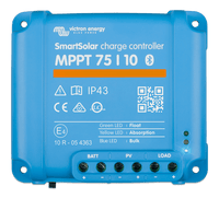 Front view of blue Victron SmartSolar MPPT 75/10 charge controller with labels and status indicators