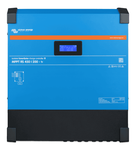 Front view of the Victron SmartSolar MPPT RS 450/200 solar charge controller with integrated LCD screen