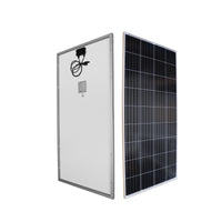 Front and rear views of a Victron 150W solar panel showing technical components and cell layout