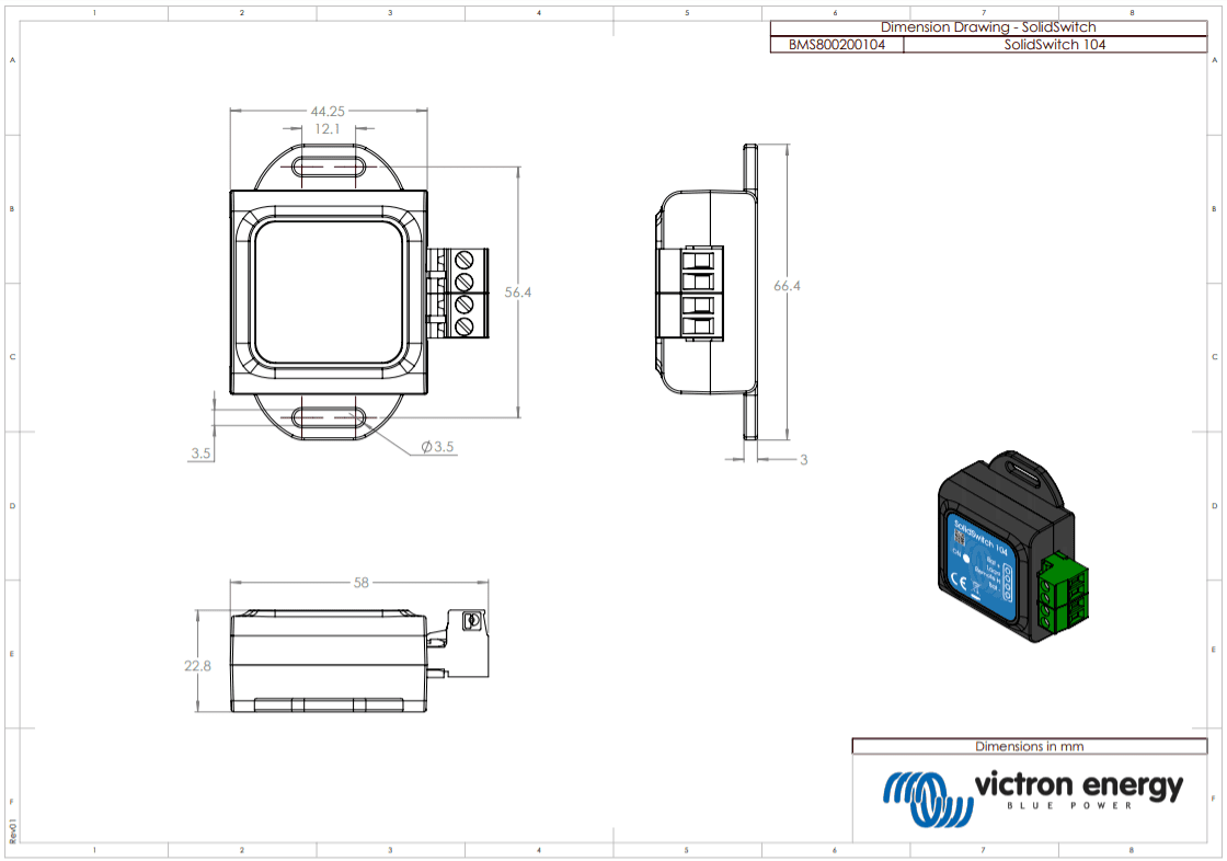 Technical dimension drawing of the Victron SolidSwitch 104 in millimetres