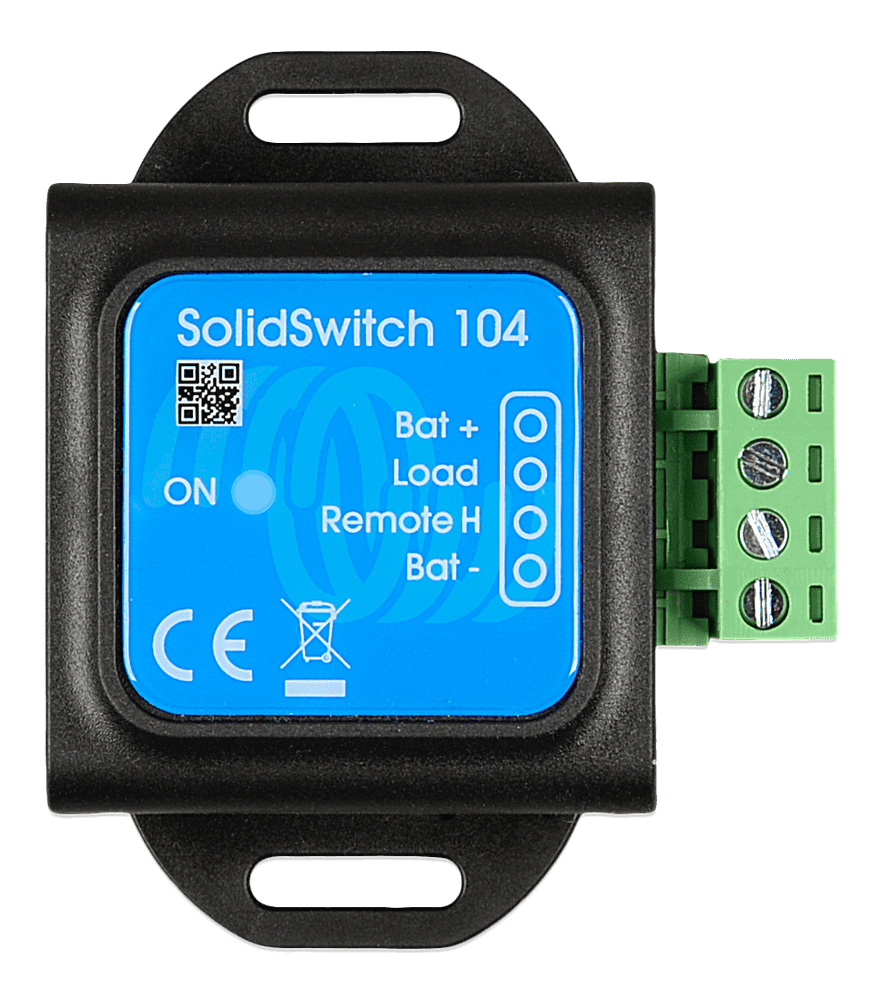 Top view of Victron SolidSwitch 104 showing terminal labels and status LED indicator