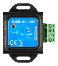 Top view of Victron SolidSwitch 104 showing terminal labels and status LED indicator