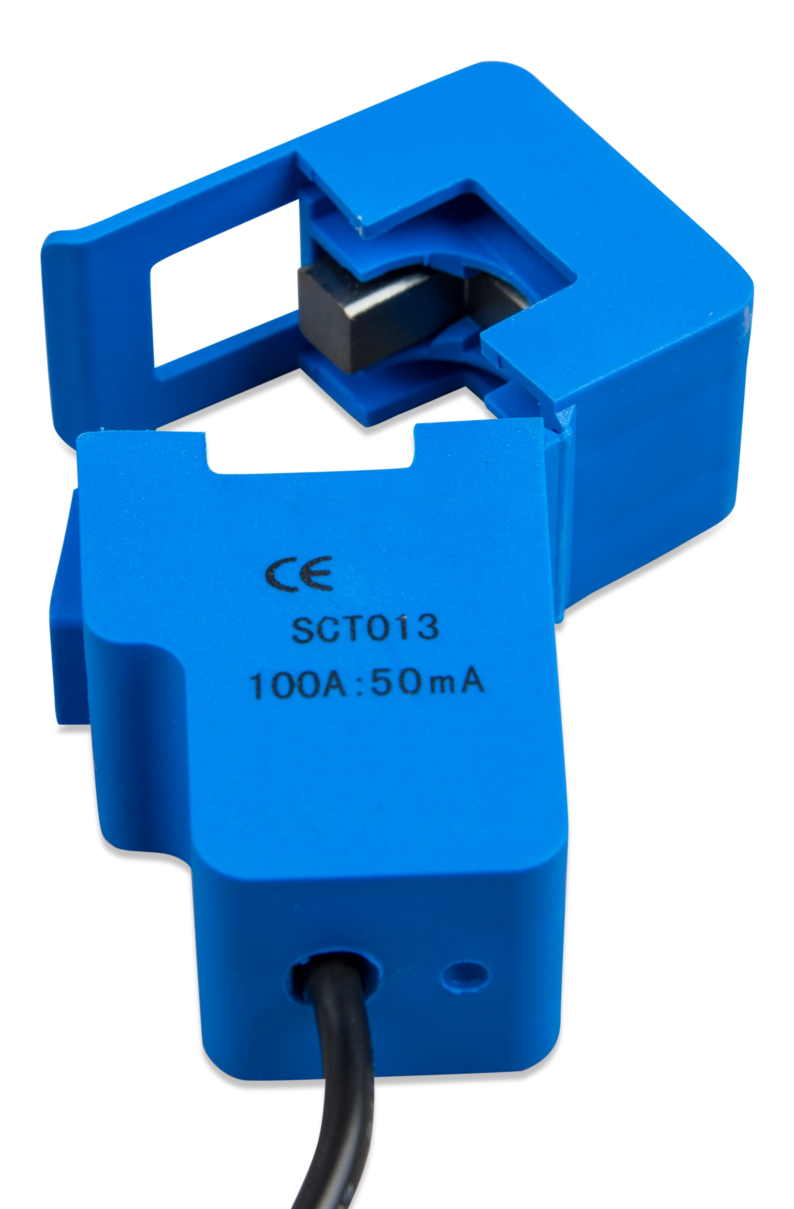 Opened split-core current transformer showing the internal sensing core for easy installation