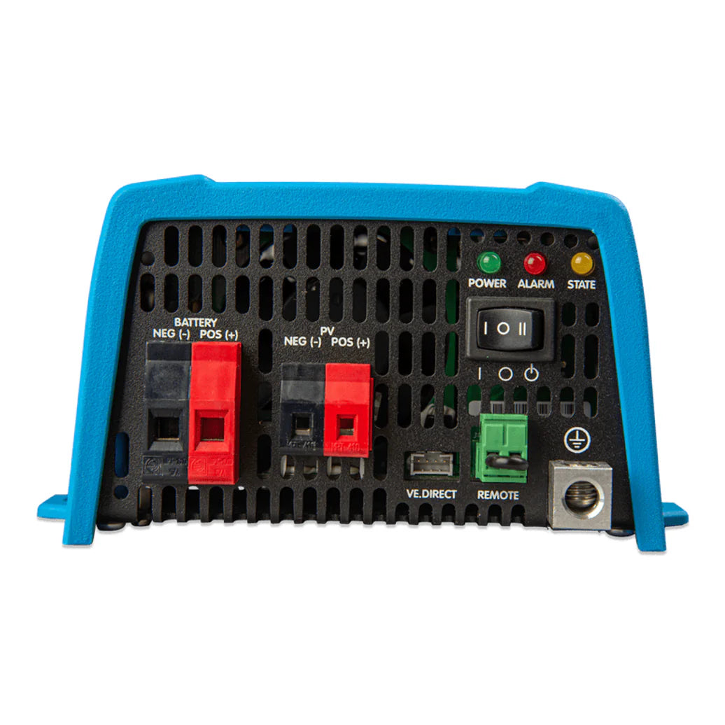Terminals and controls on the DC side of a Victron Sun Inverter with battery and PV connections