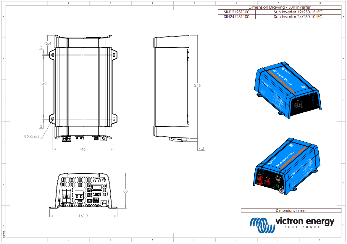 Technical dimension drawing for Victron Sun Inverter 250VA