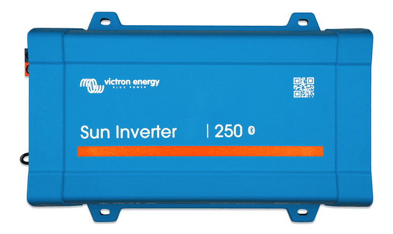 Top view of the blue Victron Sun Inverter housing with Bluetooth logo