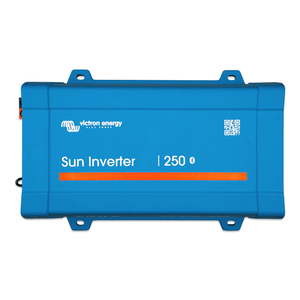 Top view of the blue Victron Sun Inverter housing with Bluetooth logo