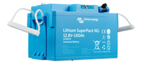 Angled view of the Victron SuperPack NG lithium battery showing its compact blue enclosure