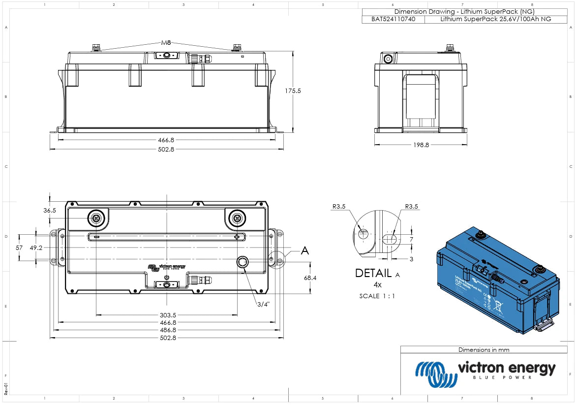 Dimensional drawing for the Victron 25.6V 100Ah SuperPack NG battery