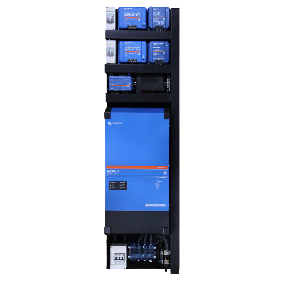 Front view of complete Exotronic Yulara power board with Victron inverter and solar controllers