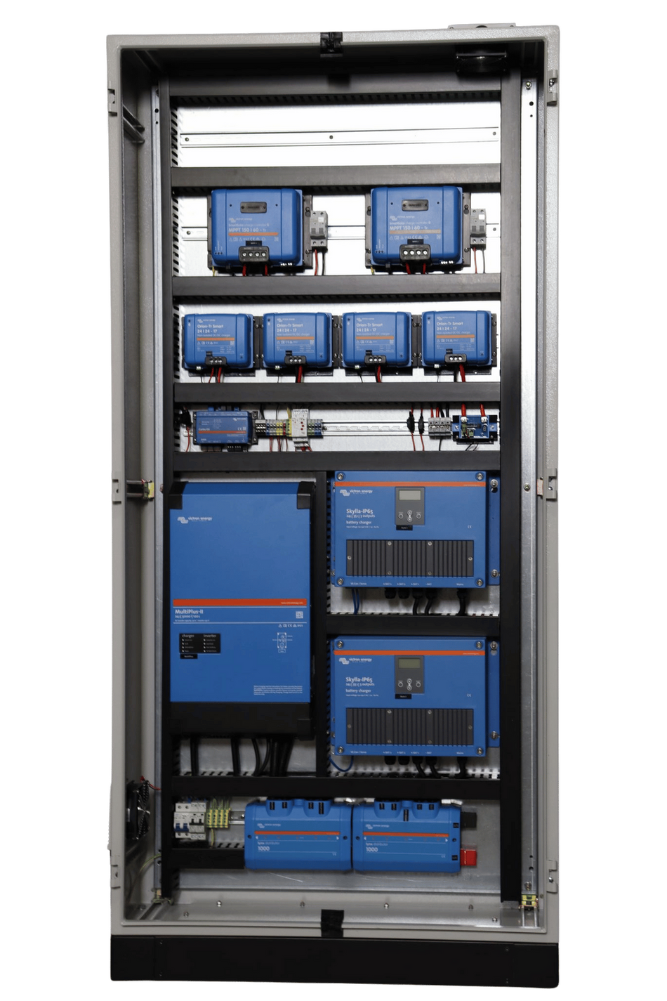 Front view of electrical cabinet internal layout with labelled power components