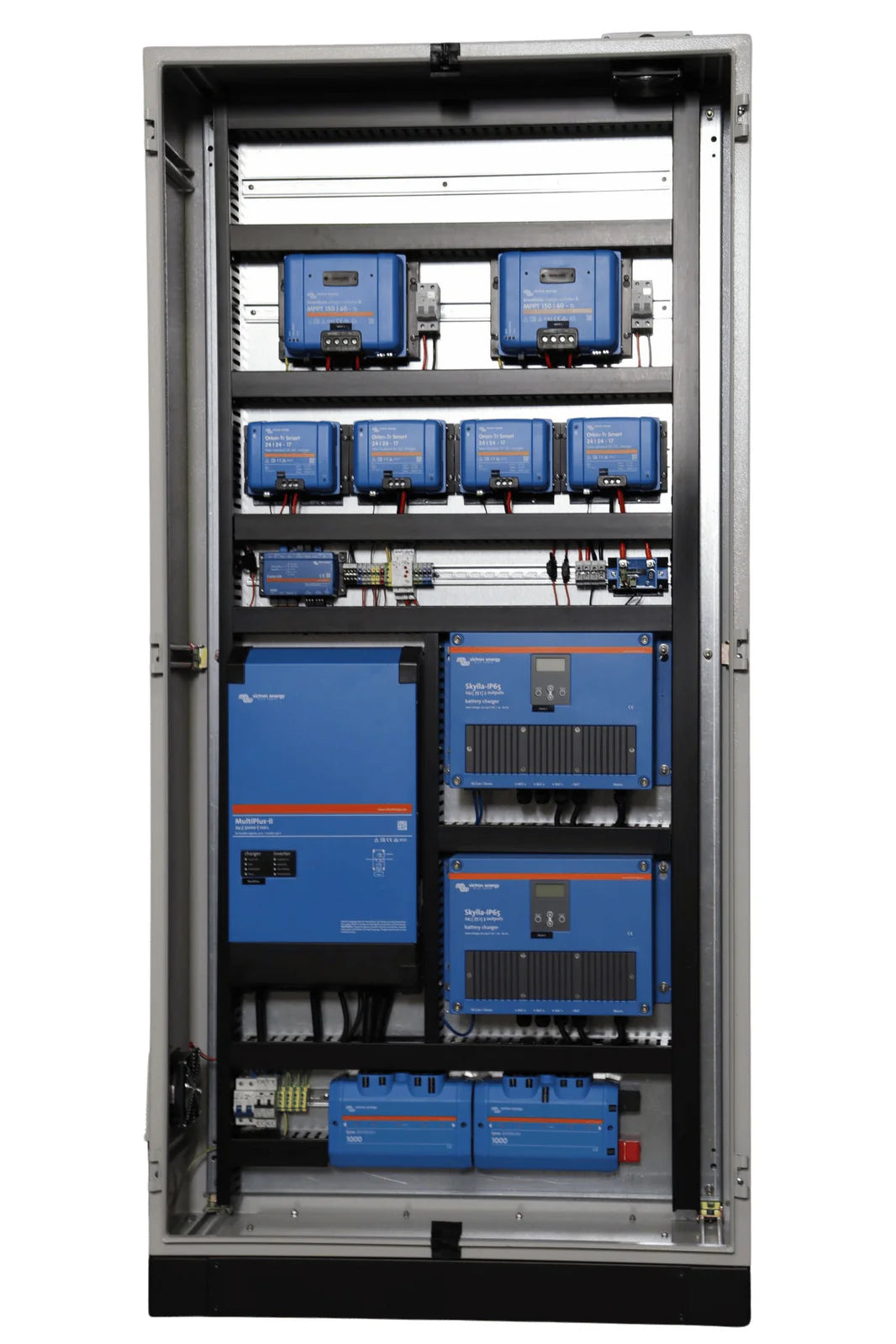 Front view of electrical cabinet internal layout with labelled power components