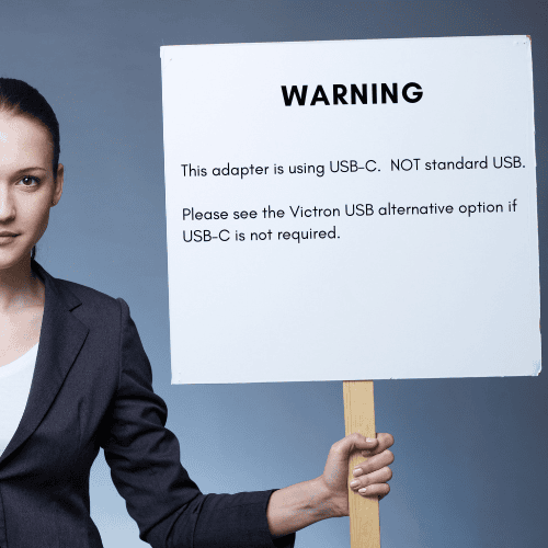 Warning notice stating this adapter uses USB-C and is not compatible with standard USB-A ports