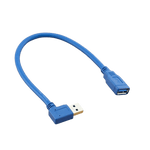 Blue USB 3.0 extension cable featuring a right-angle male plug and standard female socket