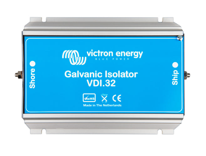 Top-down view of the Victron VDI-32 galvanic isolator showing shore and ship earth terminal markings