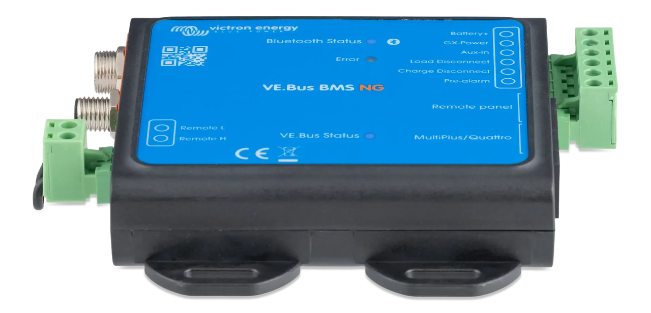 Low-profile matte black enclosure of the VE.Bus BMS NG with mounting tabs