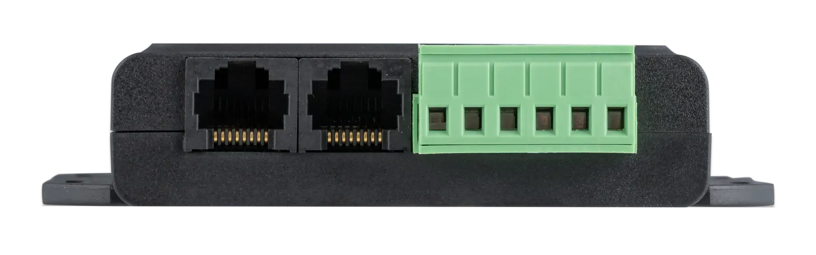 Side view showing dual RJ45 VE.Bus ports and a 6-way green screw terminal block