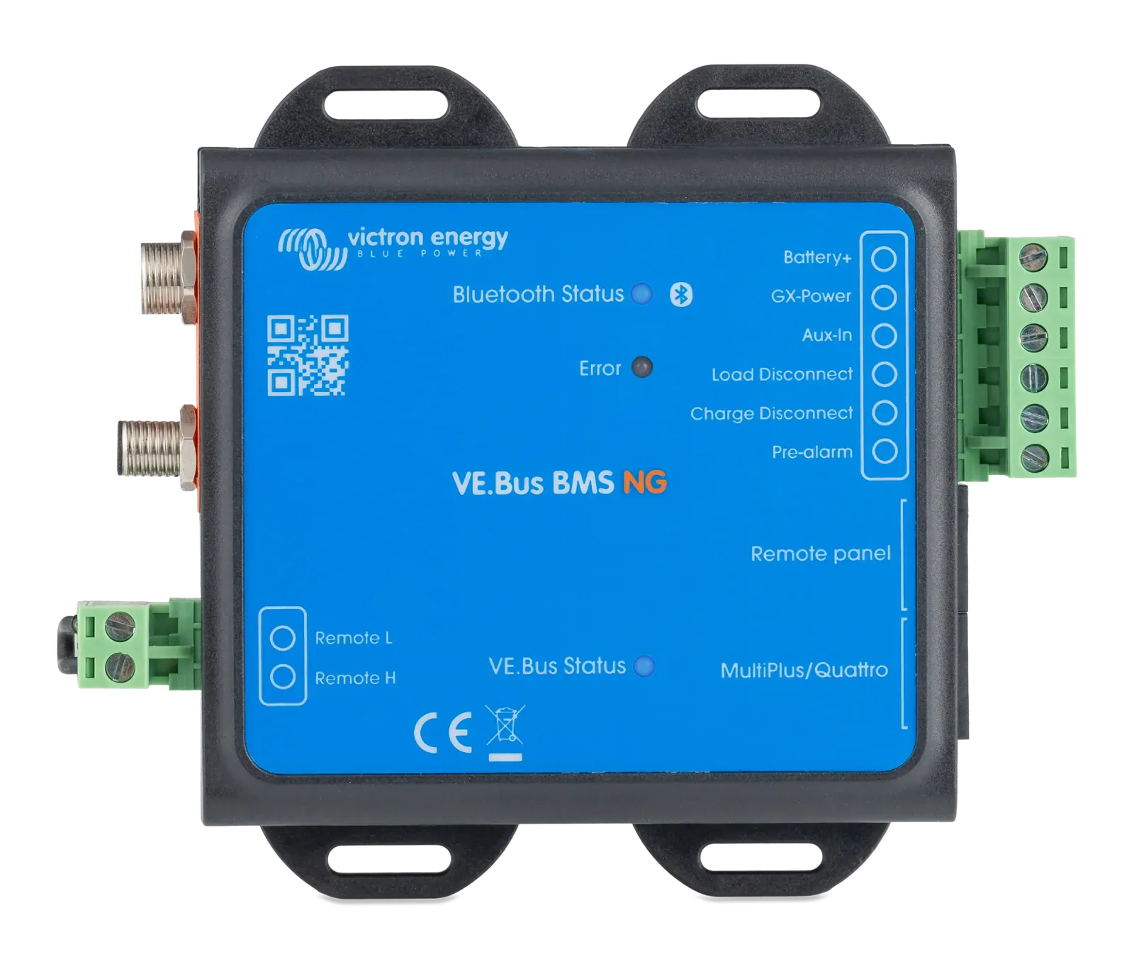 Top view of Victron VE.Bus BMS NG with terminal labels and status LEDs