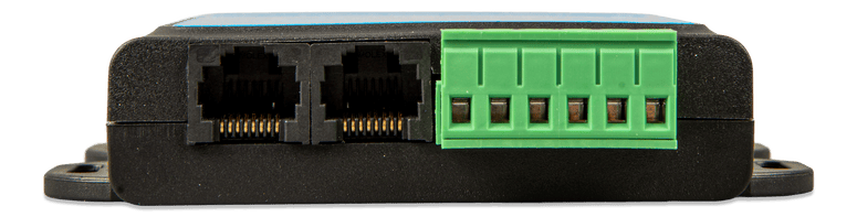 Connection face of the Victron VE.Bus BMS V2 showing RJ45 sockets and 6-way terminal