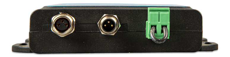 Profile view of the Victron VE.Bus BMS V2 showing metal M12 ports and 2-way terminal block