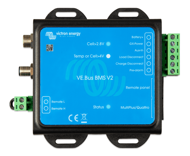 Top-down view of Victron VE.Bus BMS V2 showing blue faceplate and green screw terminal blocks