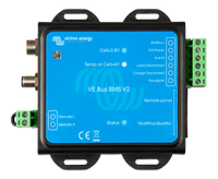 Top-down view of Victron VE.Bus BMS V2 showing blue faceplate and green screw terminal blocks