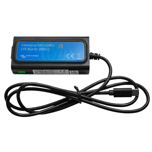 Victron VE.Bus to USB-C MK3 interface adapter with blue identification label and black cable