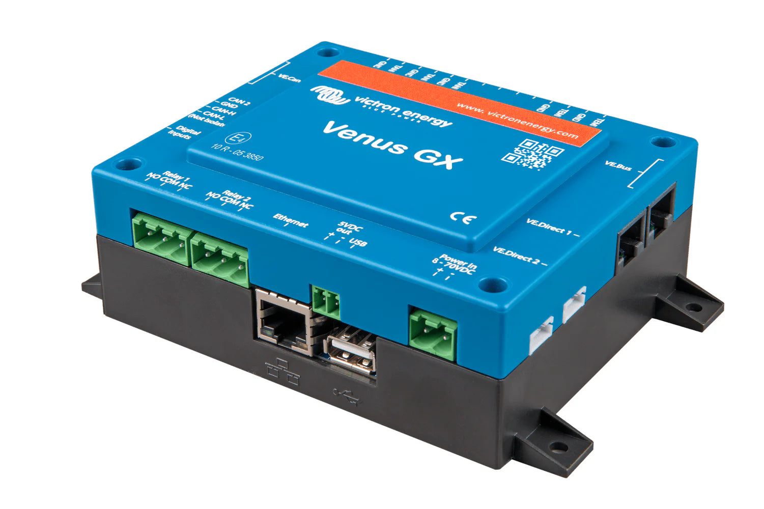 Side view of Victron Venus GX highlighting the VE.Direct and VE.Bus communication ports