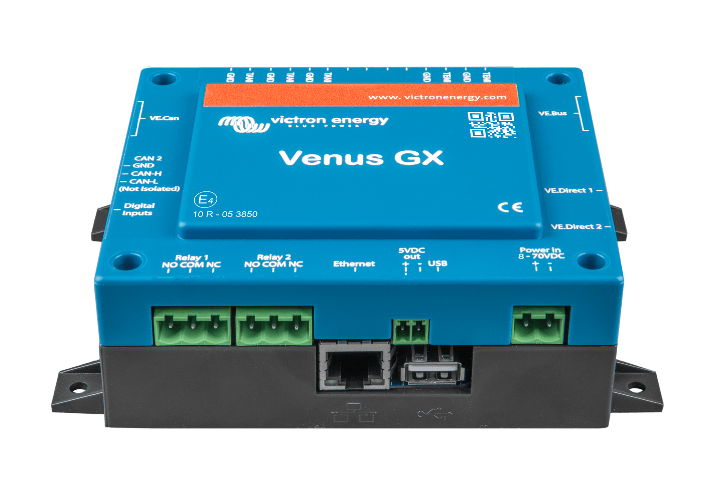 Frontal view of Venus GX enclosure showing relay, ethernet and USB port placement