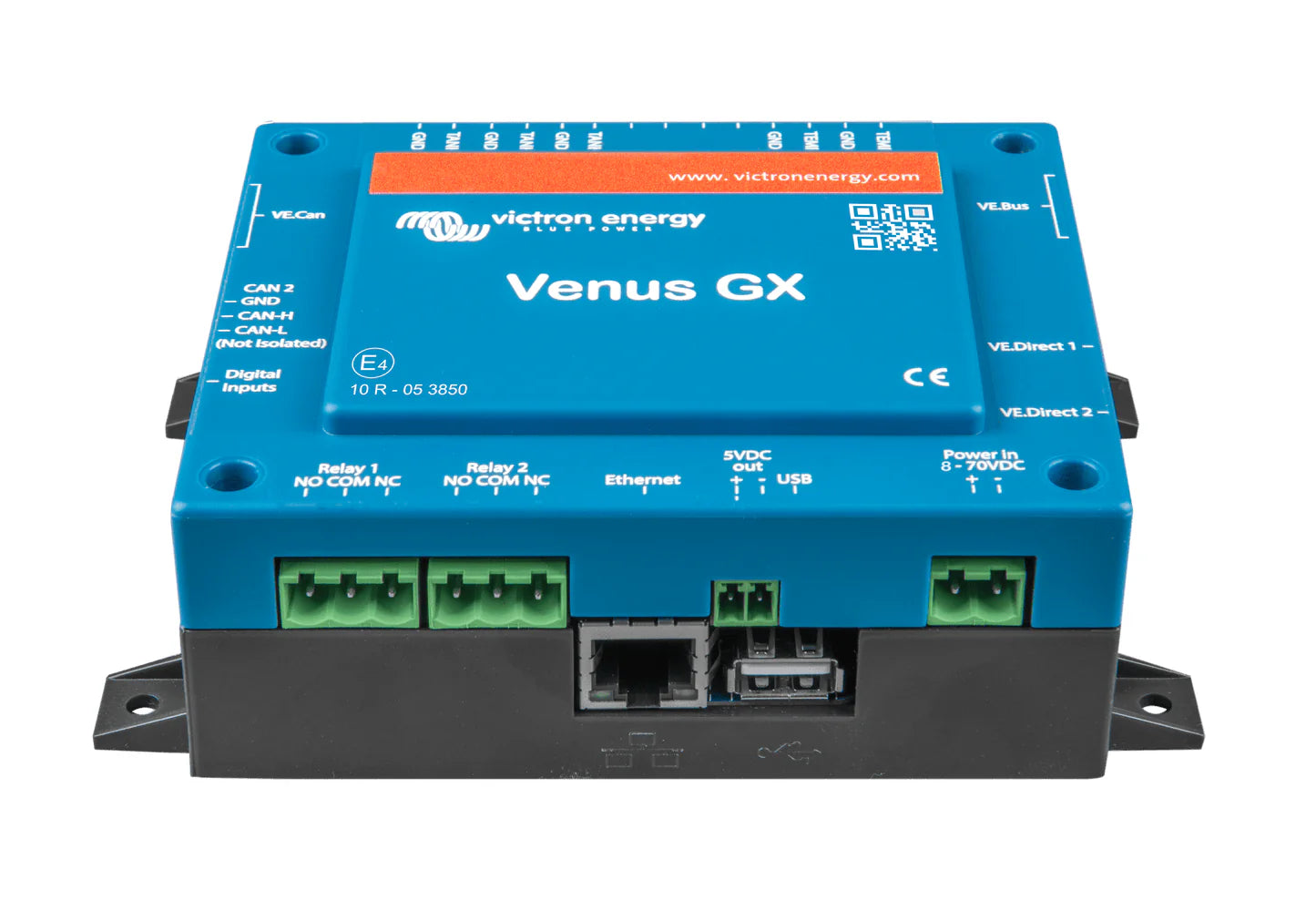 Frontal view of Venus GX enclosure showing relay, ethernet and USB port placement
