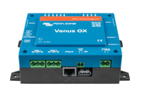 Frontal view of Venus GX enclosure showing relay, ethernet and USB port placement