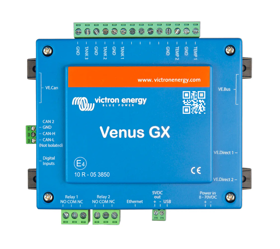 Top-down view of Victron Venus GX communication centre with labelled terminal connections