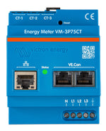 Front view of blue Victron three-phase energy meter showing communication ports and terminals