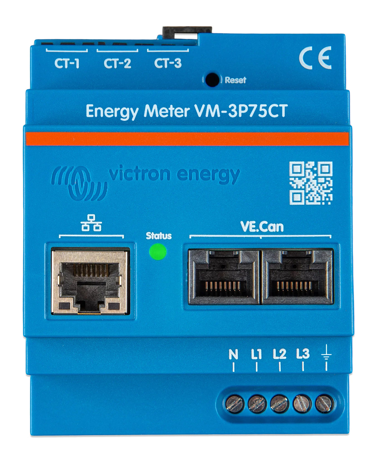 Front view of blue Victron three-phase energy meter showing communication ports and terminals